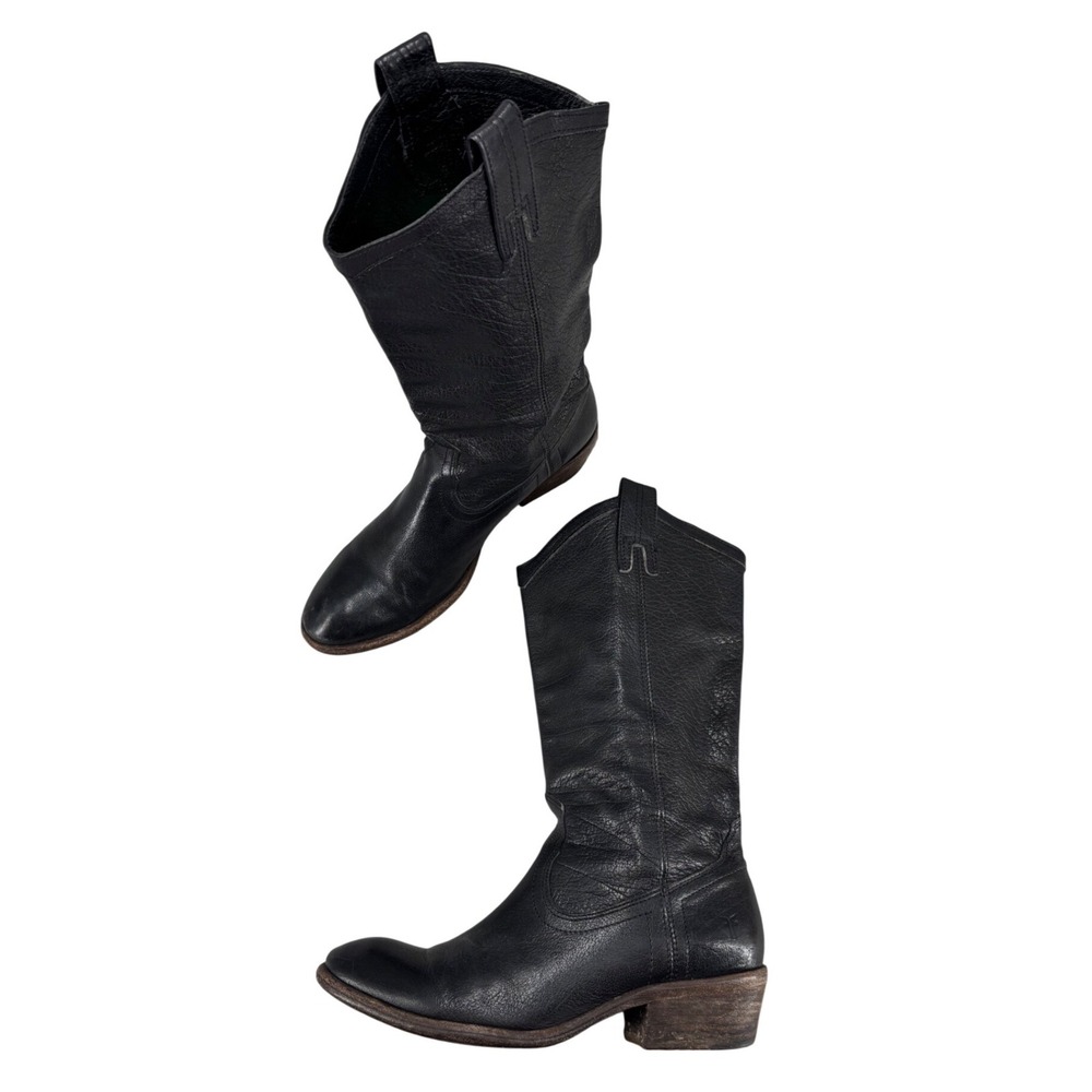 Frye Carson Cowboy Boots Black Pebbled Leather Western Pull On Women's 7.5